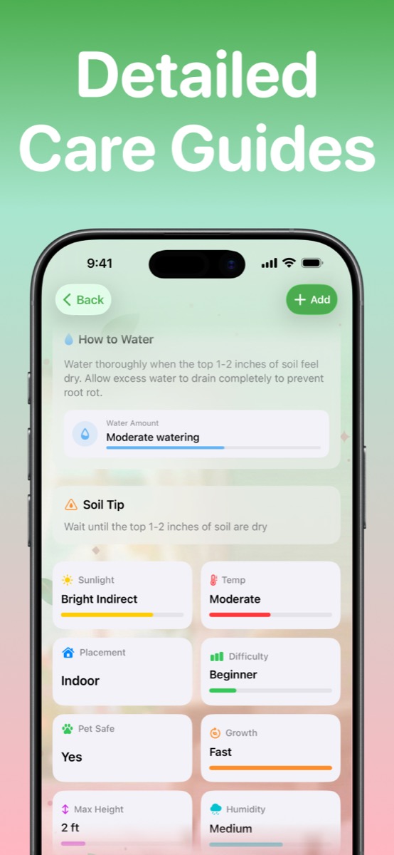 Hari app showing detailed plant care guide with watering and sunlight info