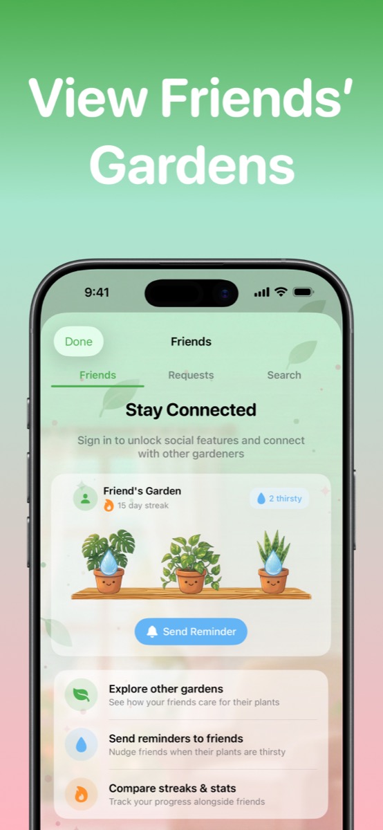 Hari app showing friends feature with plant collections and nudge reminders
