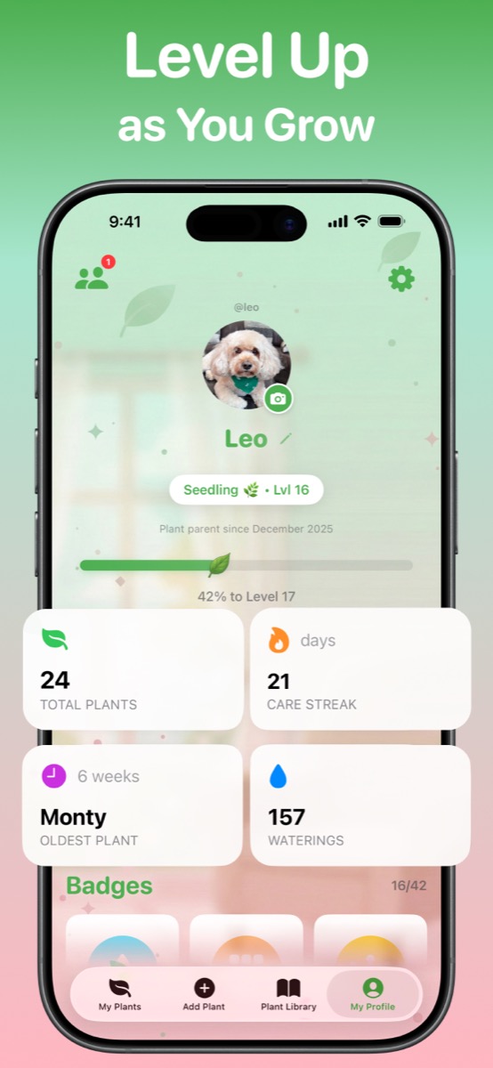 Hari app showing user profile with level, stats, and progress