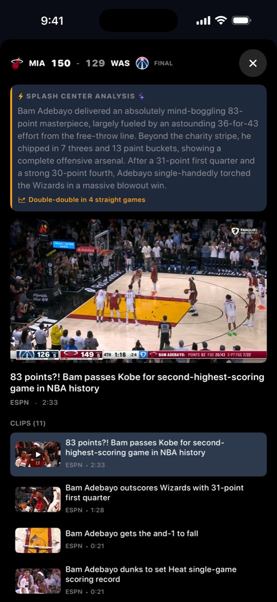 SplashCenter game detail with the AI SplashCenter Analysis card and in-app highlight clips