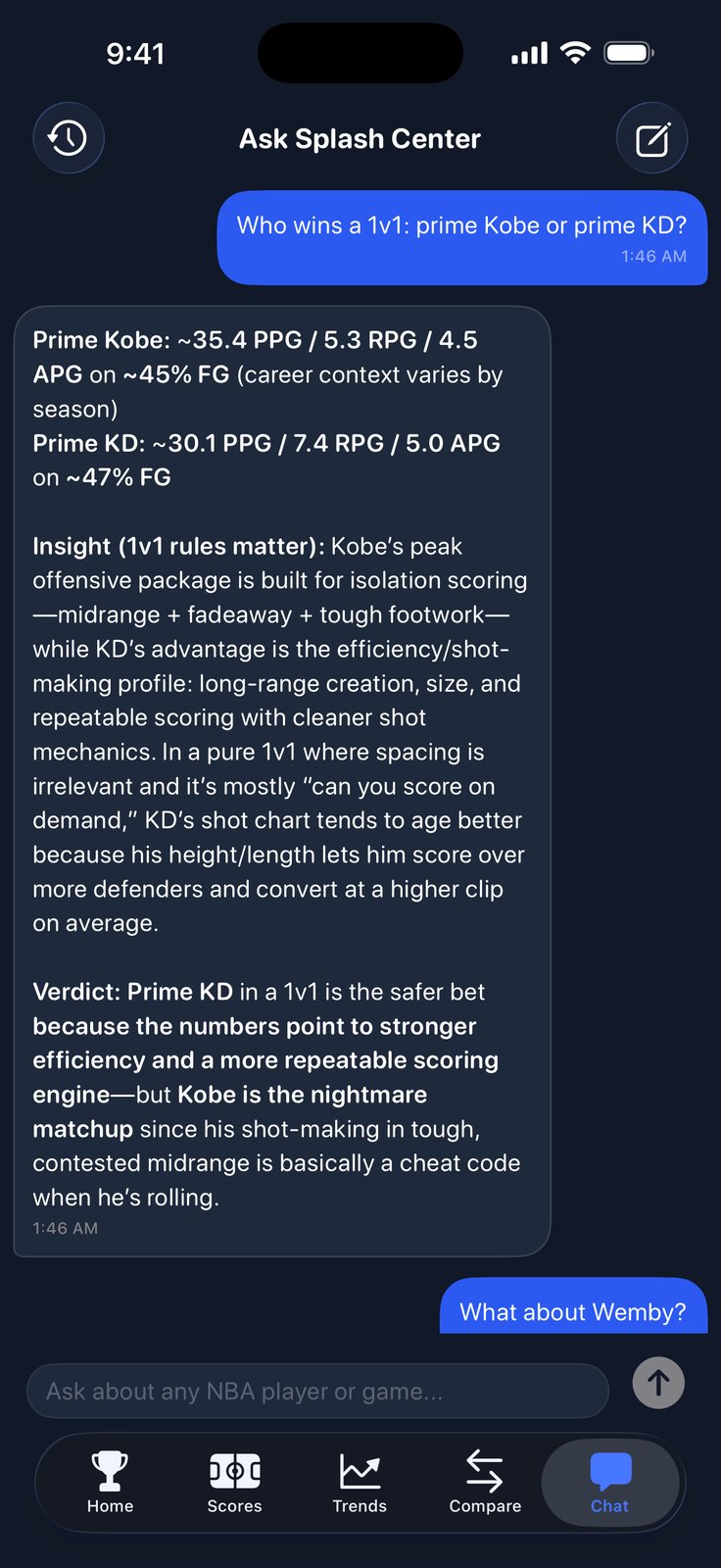 SplashCenter AI Chat conversation about Prime Kobe vs Prime KD matchup