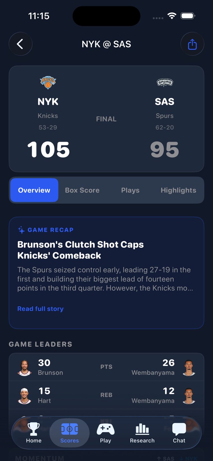 SplashCenter AI game recap with game leaders and a narrative summary