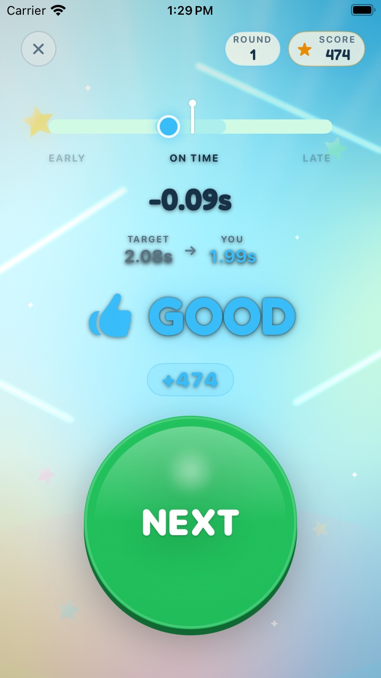 Stop the Timer result screen showing GOOD plus 474 points
